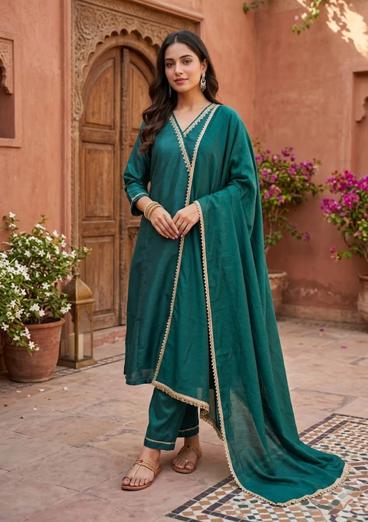 Bottle Green Art Silk Cording A Line Kurta With Pant Regular And Dupatta